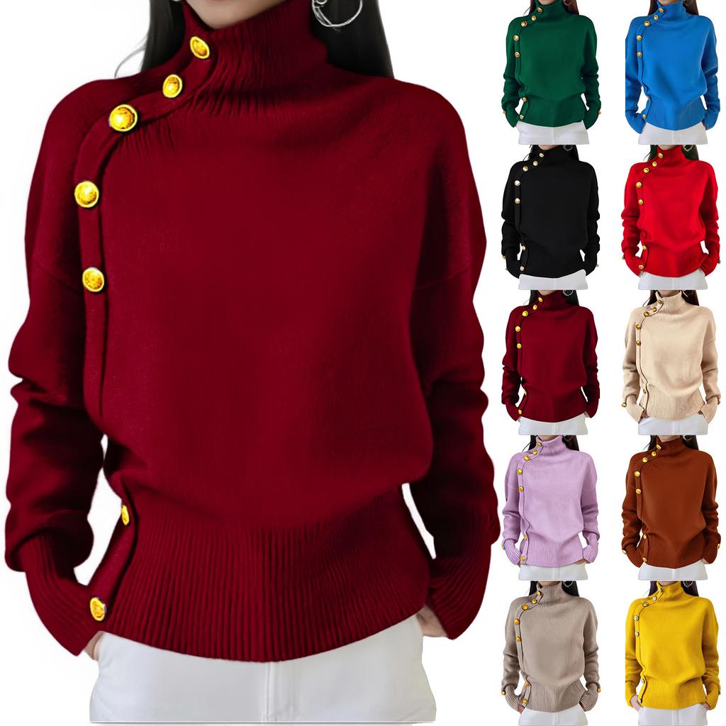 Women's Loose Comfortable Casual Fashion Knit Sweater With Buttons And High Neck