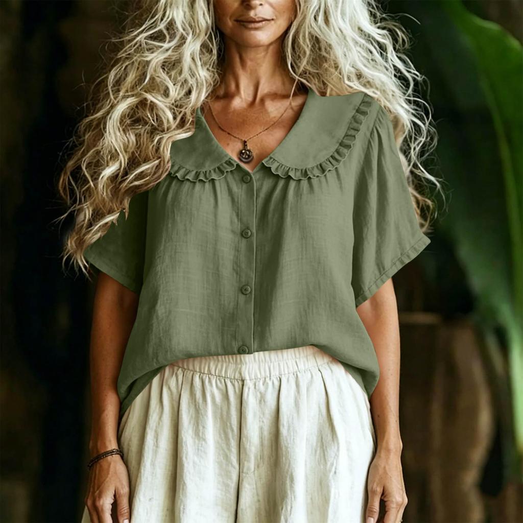 Women's Casual Short Sleeve Shirt Loose Fit Button Down Blouse with Ruffle Trim Collar Lightweight Summer Top