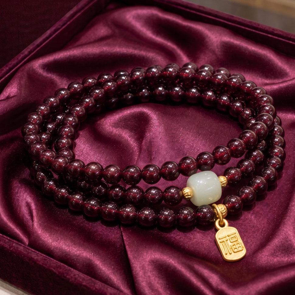 Natürliches Granat 3-Schleifen Wickelarmband & Halskette, Weinroter Heilkristall "Stein der Frauen", Östliches Glücksamulett Schmuck für Frauen