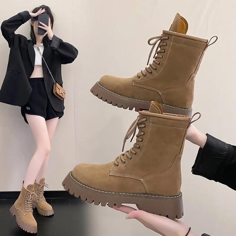 Fashion New Western Boots Women Shoes Leather Suede Patchwork Botines Thick Med Heel Platform Leisure Ankle Boots Ladies Shoes