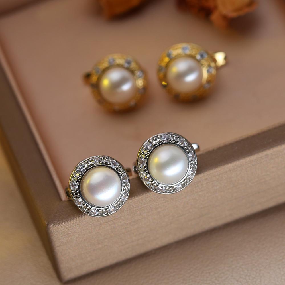 Orecchini in Perle d'Acqua Dolce Naturali Moda Zirconia Cubica Orecchini a Bottone con Perla Per Donna Gioielli da Festa