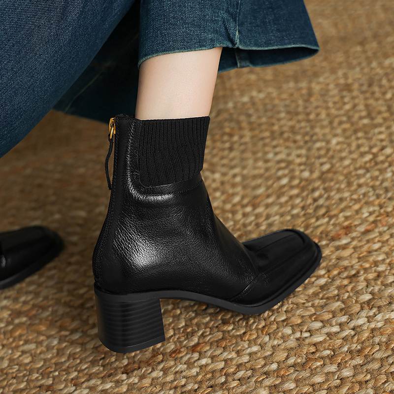 Krazing Pot Sheepskin Autumn Winter Shoes Thick Heels Size 42 Square Toe Zipper Knitwear Vintage Ankle Boots