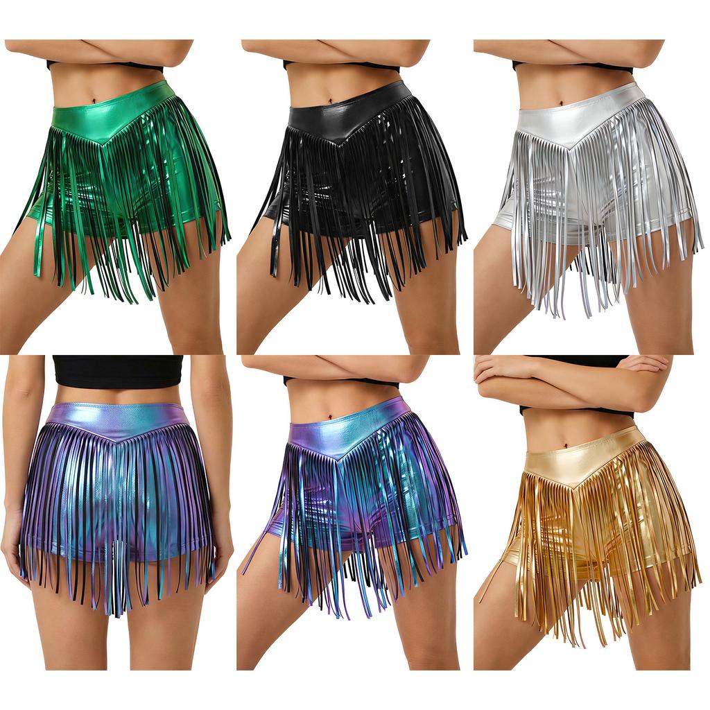 Damen Schimmernde Metallische Hotpants Hohe Taille Quaste Fransen Booty Shorts Freche Shorts