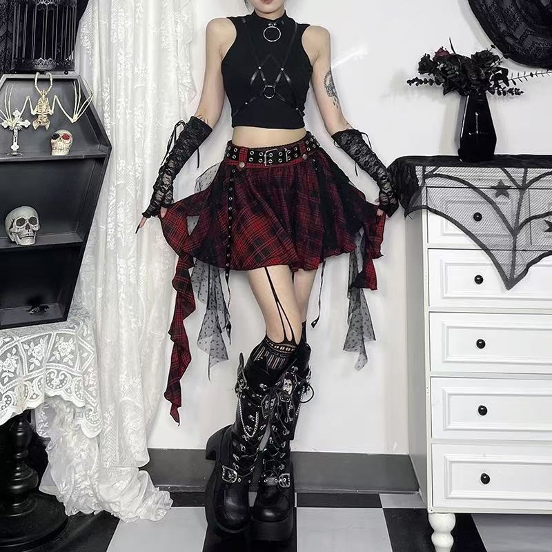 GlowGirl Kostkovaný Patchwork Nepravidelná Mini Kpop Ležérní Sukně Hot Girl Letní Všestranná Gotická Estetika Grunge Streetwear Volánková Sukně