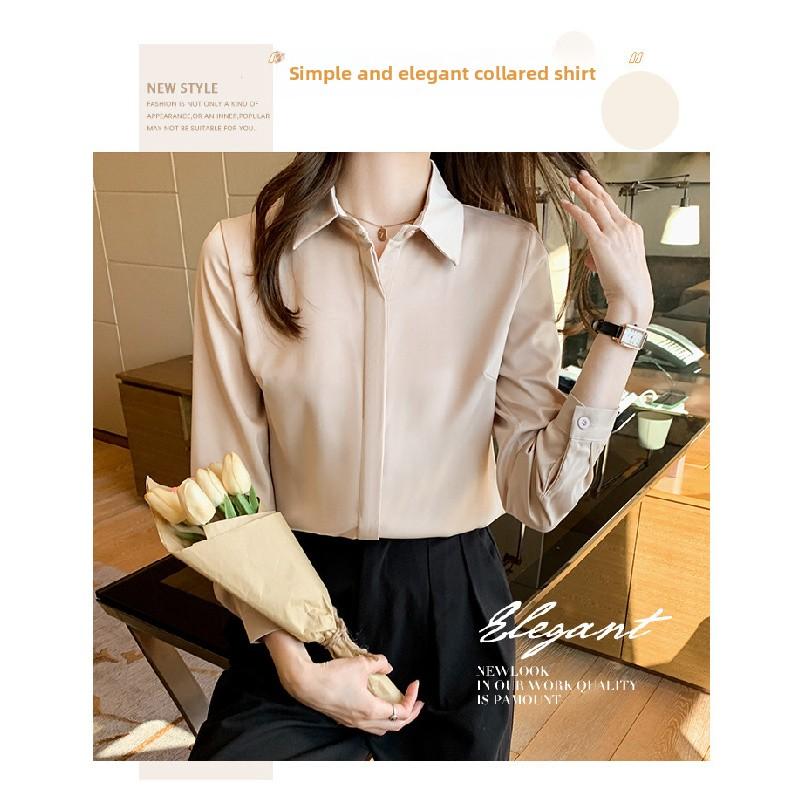 2026 Spring New Satin Long-Sleeve Shirt for Women, Elegant Chiffon Blouse, Ladies' Casual Solid Color Top