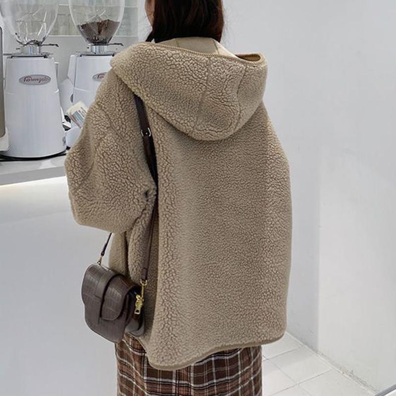 Moda Damska Zimowy Ciepły Wygodny Płaszcz Polarowy Pluszowy z Długim Rękawem i Kapturem w Jednolitym Kolorze