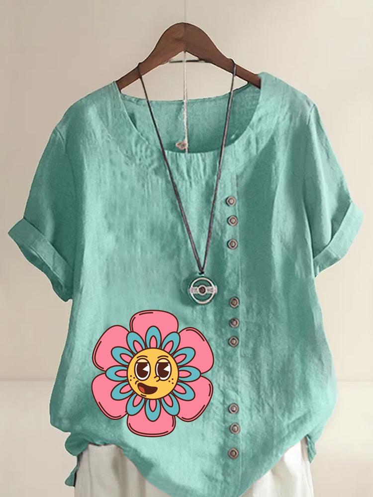 Women's Fashion Sunflower Print Shot Sleeve T-shirt Loose Cotton Shirt Casual Loose Summer Blouse Tops Plus Size