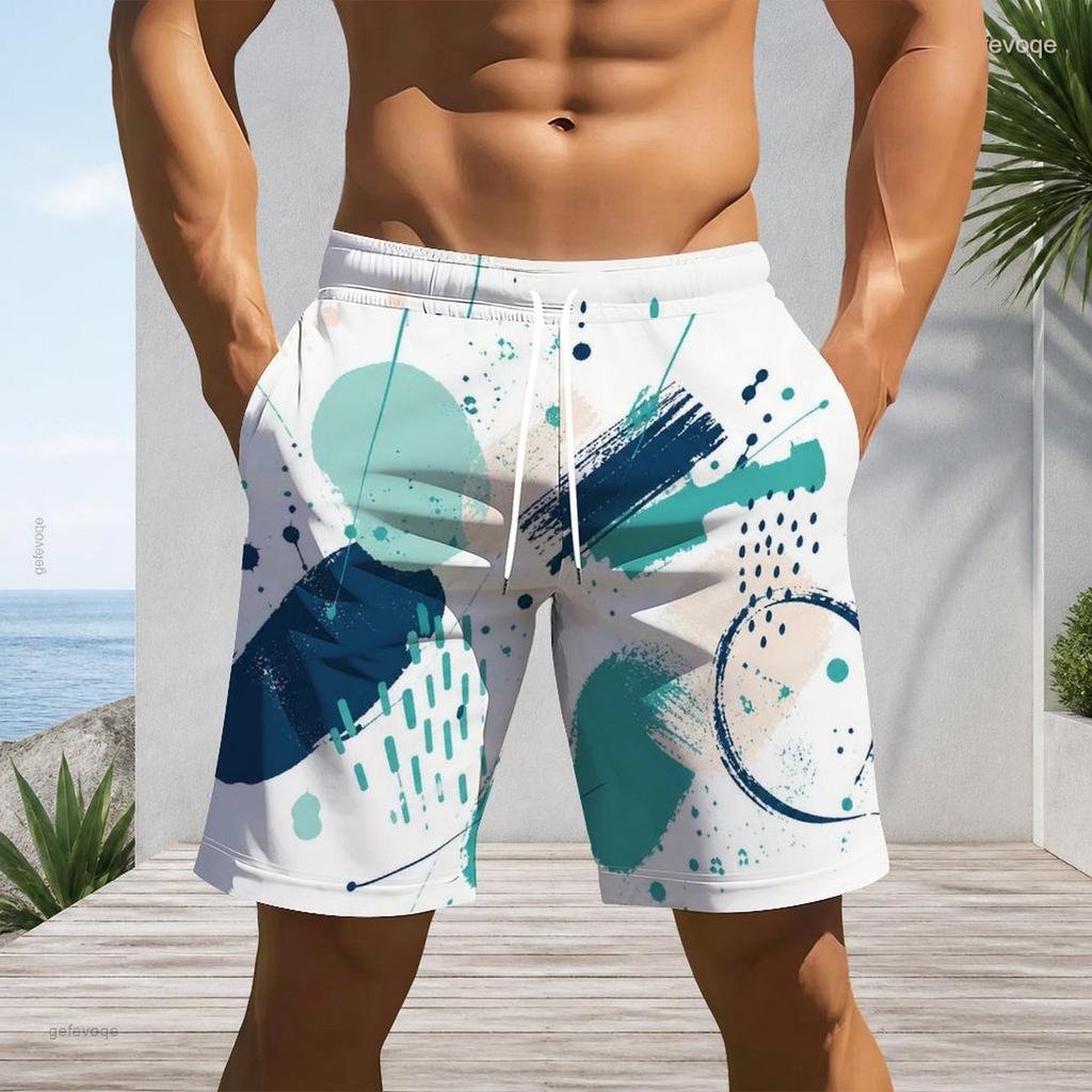 Men Plus Size Abstract Boho Plant Geometric Print Beach Shorts Quick Dry Lightweight Drawstring Casual Swim Trunks For Summer Beach Surfing Holiday