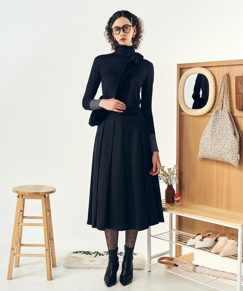 Pelimela Satin A-Line Belted Skirt Set (Black)