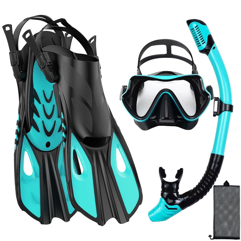 Mask Fin Snorkel Set Snorkel Gear for Adult Panoramic View Snorkel Mask Adjustable Dive Flipper Dry Top Snorkel and Travel Bag S/M