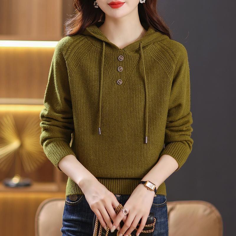 2025 Spring/Autumn Stylish Hooded Knitwear Sweatshirt - Loose, Plus Size Women's Top