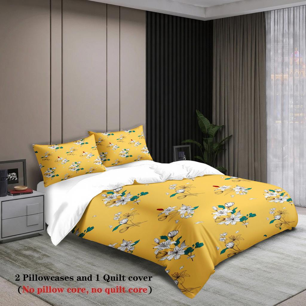 3PCS Yellow Duvet Cover Set Retro Palace Style Printed Duvet Cover With 2 Pillowcases Single Twin Queen Size Bedding Set