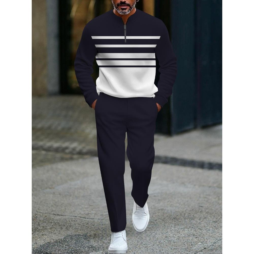 Spring Autumn 3D Printed Fashion Cool Men's Long-Sleeved Sets Half-Zipper Stand-Up Collar Men's Casual Sportswear Two-Piece Set