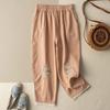 Pantaloni Harem in Lino di Cotone Ricamato da Donna, Pantaloni Estivi in Lino Artistici Larghi Casual Corti