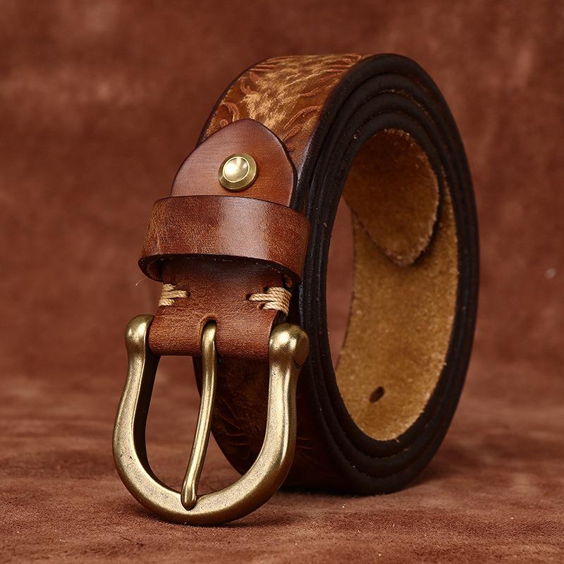Thickened Extra Thick Personalized Engraved Retro Matte First Layer Cowhide Belt Men'S Genuine Leather Horseshoe Buckle Casual Denim Belt