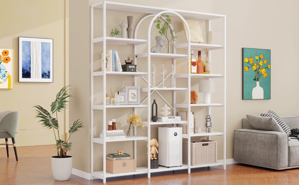 160 x 30 x 180 cm Shelf in Modern, Minimalist Style, Made of Steel Tubes and MDF, Multiple Storage Compartments, Rectangular + Arch Design, White