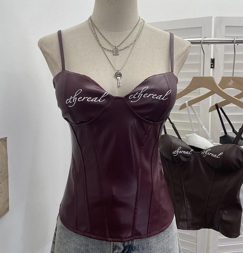 

Real Shot: PU Leather Camisole with Letter Print, Chest Pads, Slim Fit, Flattering Sexy Sleeveless Top One Size