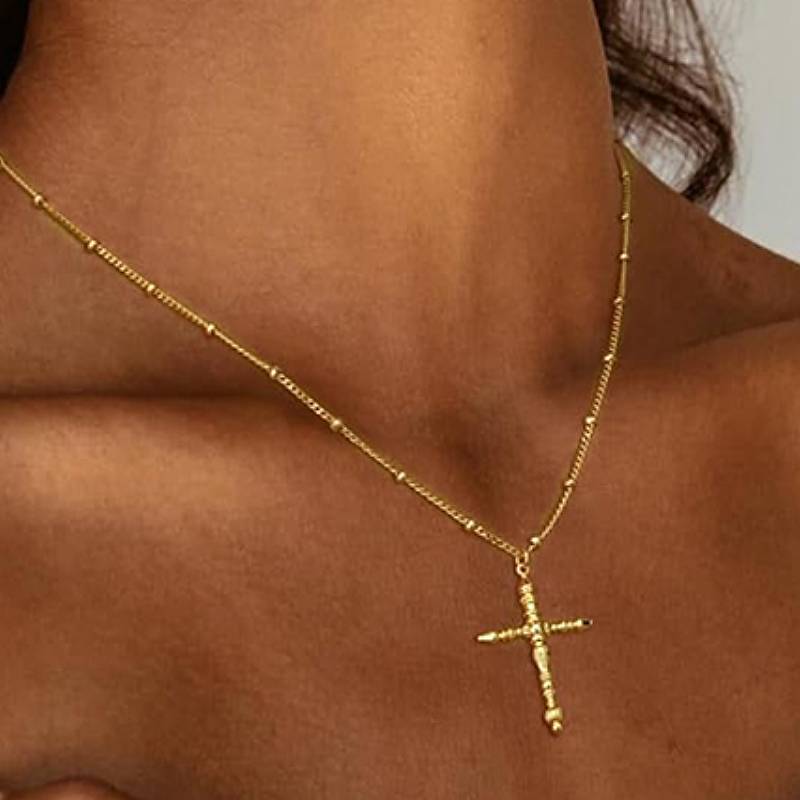 Huitan Cross Shaped Women Pendant Necklace Gold Color Party Daily Metal Accessories Fashion Luxury Modern Style Lady JewelryGood product