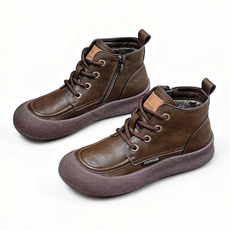 Retro Short Boots Women's Autumn and Winter New Thick-soled Round Head Lace-up Martin Boots Flat-bottomed Velvet Warm Women's Boots