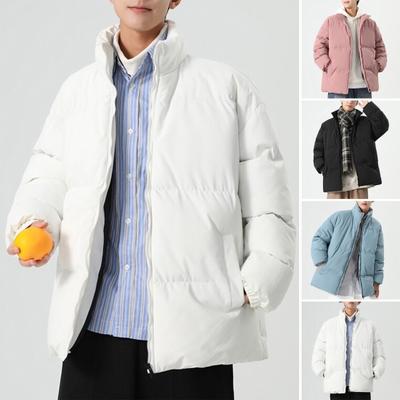 Men Cotton Jacket Stand Collar Long Sleeve Zipper Placket Thickened Down Coat with Pockets Solid Color Quilted Outwear