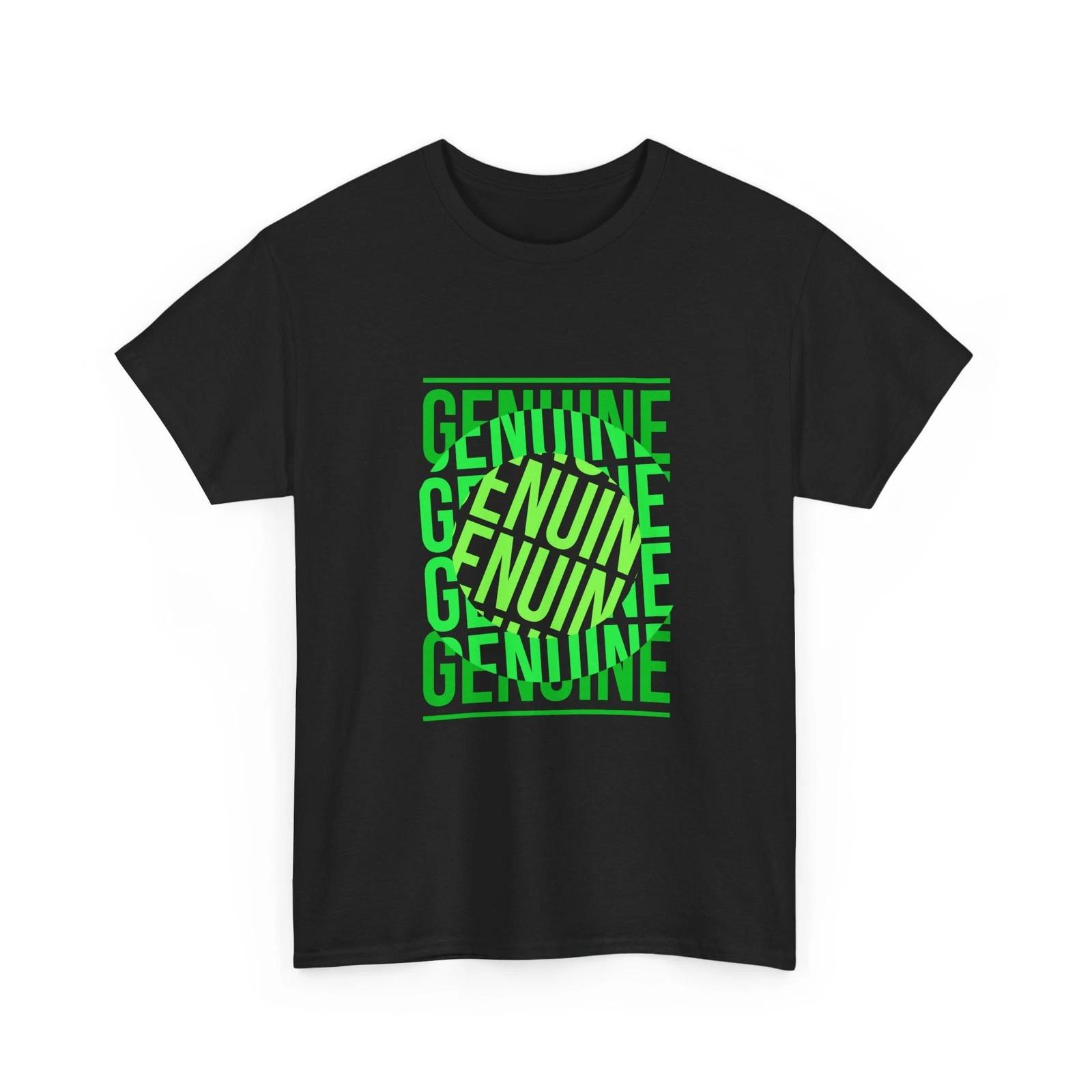 Genuine Repeat Typography Tee | Neon Green Stacked Text, Cool T-Shirt, Cotton L