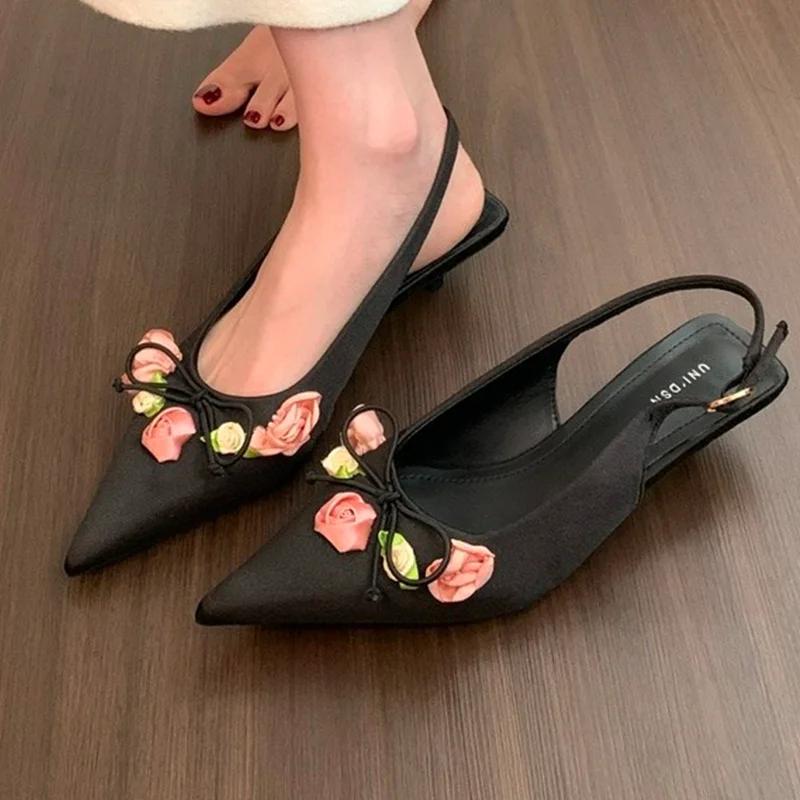 Fashion Pointed Toe Women Heeled Shoes Flower Elegant Slippers Summer Fashion Pumps Dress Woman Sandals 2025 Trend Cozy Female Zapatos