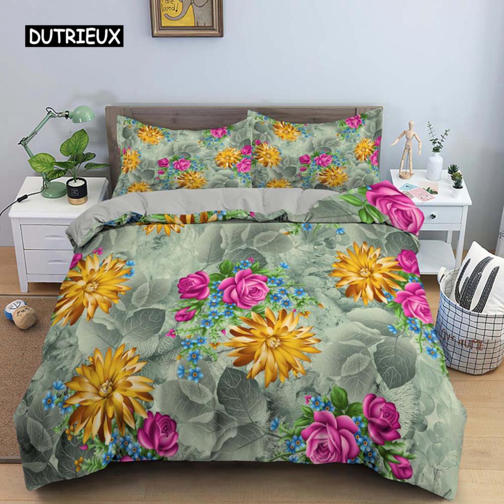 Vintage Blume König Königin Bettbezug, Pfingstrose Sonnenblume Bettwäsche-Set, Tropischer Blumen Steppdeckenbezug Boho Bettdeckenbezug