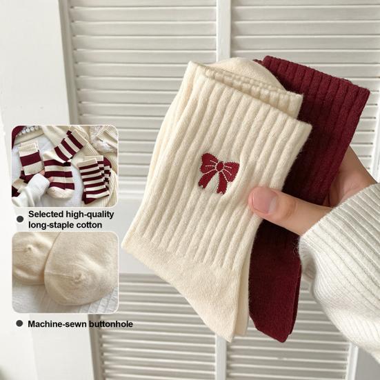 1 Pair Mid-tube Socks Striped Print Bowknot Patten College Style Socks Elastic Warm Socks Versatile Footwear Accessory