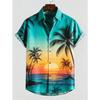 Heren strand zonsondergang kokosboom print kortemouw shirt, lente zomer Hawaïaanse vakantie casual top, met zak, reversstijl