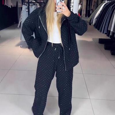 Conjunto Casual de Moletom com Zíper e Calça Wide Leg Feminino Outono/Inverno