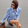 Irregular Hemline Stripe Slim Shirt Waist Cinched Long Sleeve Shirt Chic Women Shirt  Women
