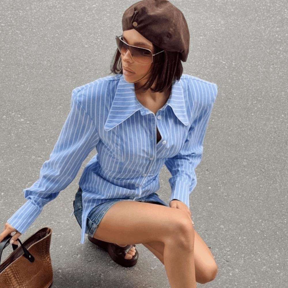 Irregular Hemline Stripe Slim Shirt Waist Cinched Long Sleeve Shirt Chic Women Shirt  Women