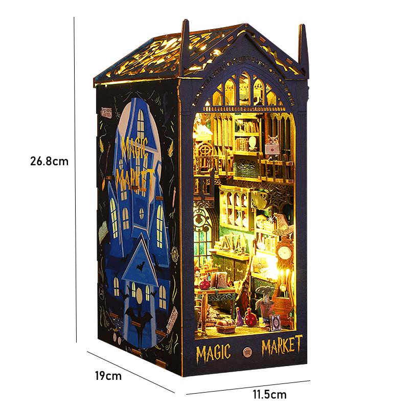 Drewniany Mini Domek dla Lalek DIY Zestaw Book Nook Model do Złożenia Puzzle 3D Podpórka do Książek Zabawki Dekoracja Wkładka na Półkę na Książki ze Światłem LED Prezenty Świąteczne