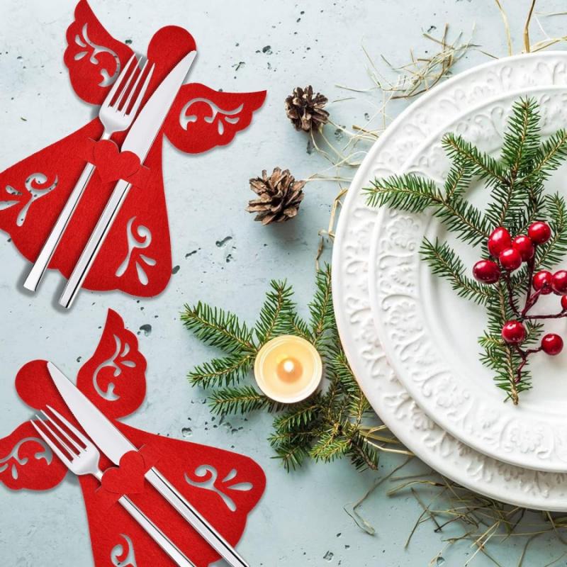 2/4pcsChristmas Angel Tableware Bag Christmas Tree Hanging Decoration Red Felt Placemat Party Dining Table Kitchen Decoration Co