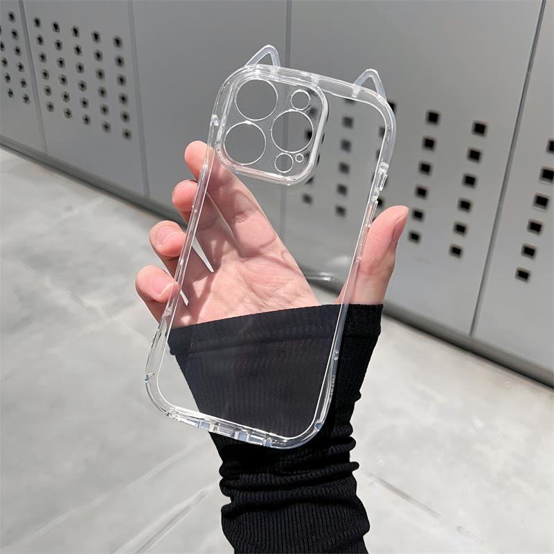 Case For iPhone 17 Pro Max Air Cute Cat 3D Ears Transparent Phone Case For 16 15 13 11 12 14 Plus Soft Clear TPU Back Cover Shell