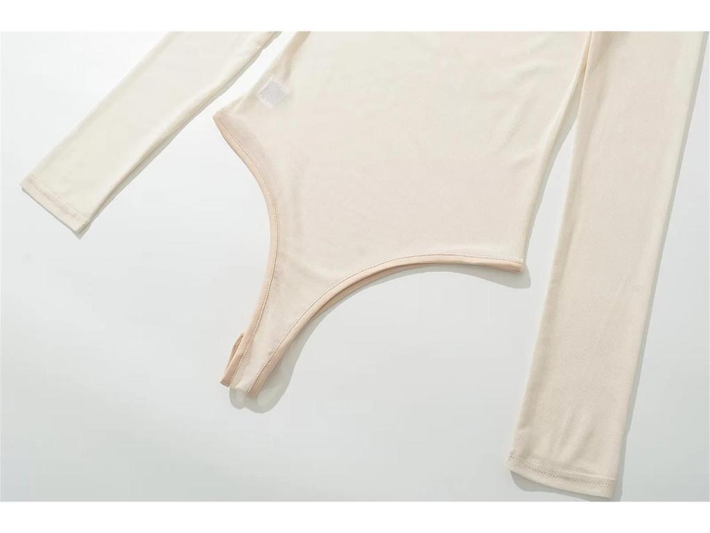 Autumn Women's Slimming Mesh Bodysuit - Sheer Round Neck, Long Sleeve