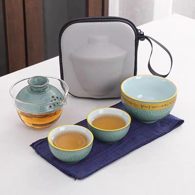 Novo Conjunto de Chá de Vidro e Cerâmica 3 Xícaras Gaiwan Vidro Transparente Fosco Portátil Viagem Terrina Cerimônia de Chá 170ML