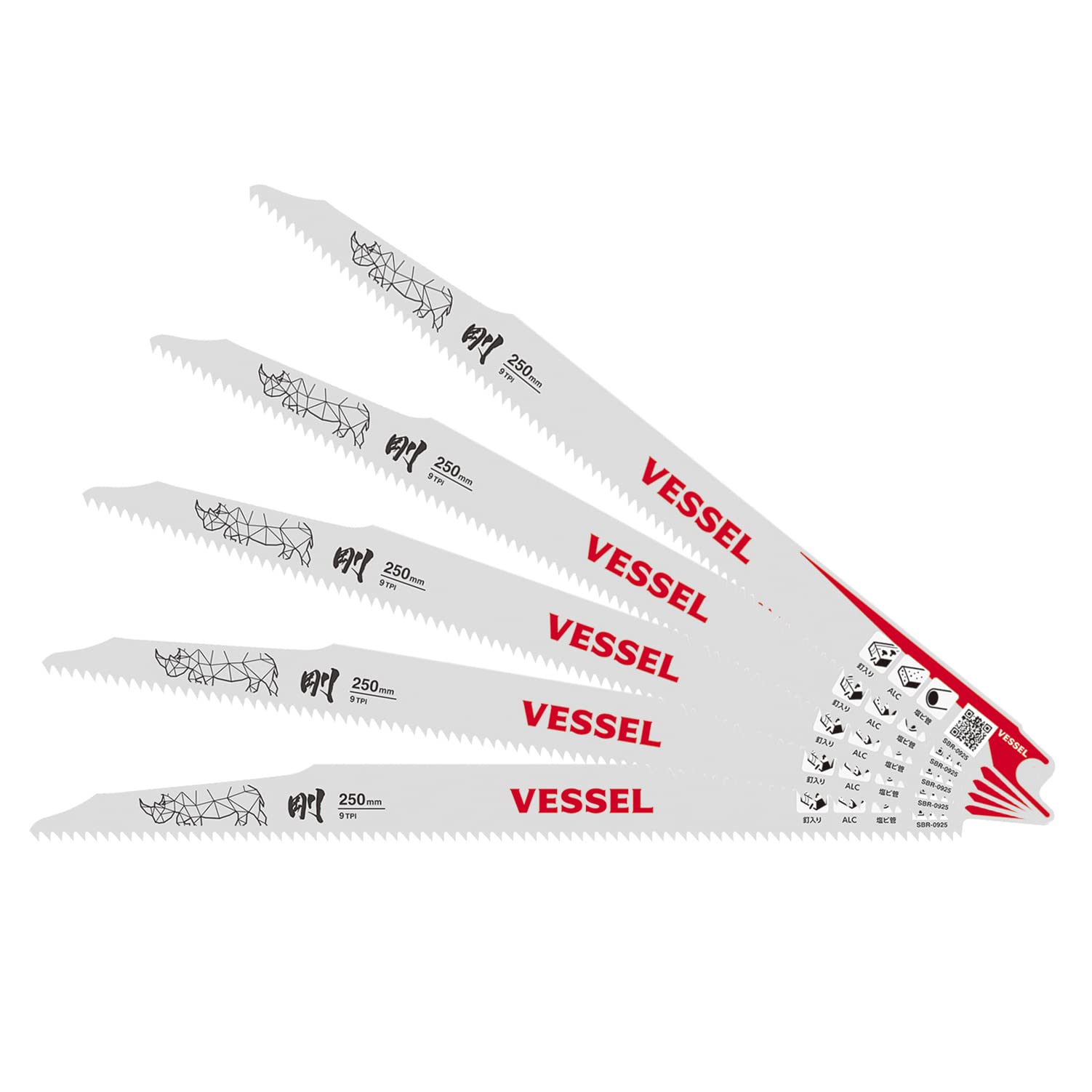 

VESSEL Saber Saw Blades, Reciprocating Saw Blades, Rhino (for ALC demolitiondismantling), 9 teeth, blade thickness 1.27mm, total length 250mm, pack