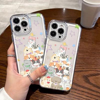 Süße Cartoon-Hund-Katze Stapel-Druck Handyhülle für iPhone 17 16 15 14 13 12 11 16E Serie Pro Max Plus Doppelschichtiger Schutz