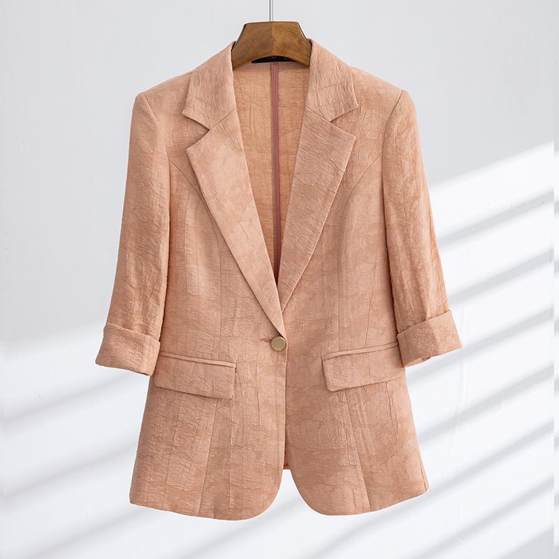Women s Jacquard Blazer: Summer Casual Three-Quarter Sleeve Suit Top L