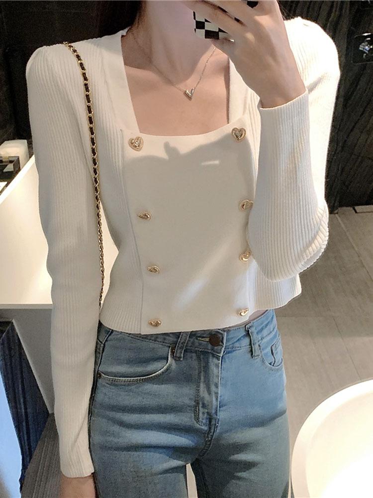 Autumn New Korean Version of Square Neck Dew Collarbone Sweet Long-sleeved Shirt Love Double-breasted Knitted Sweater Women