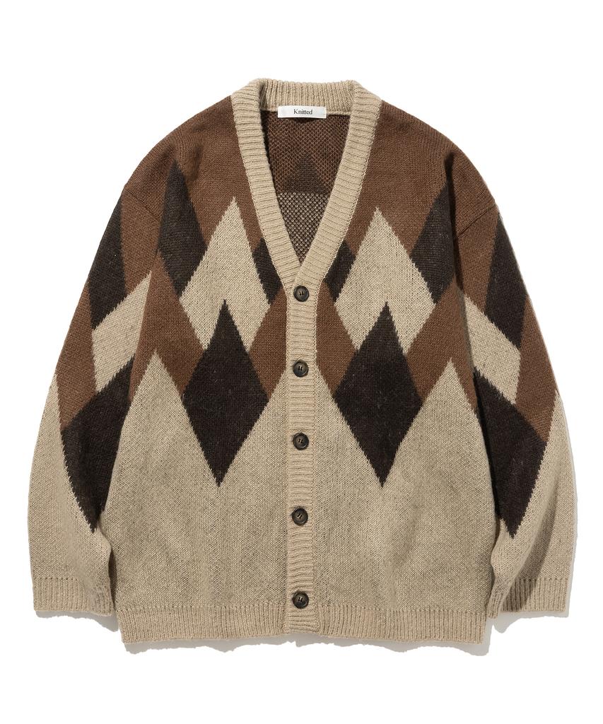 Knitted Bulky Brushed Argyle Cardigan Brown
