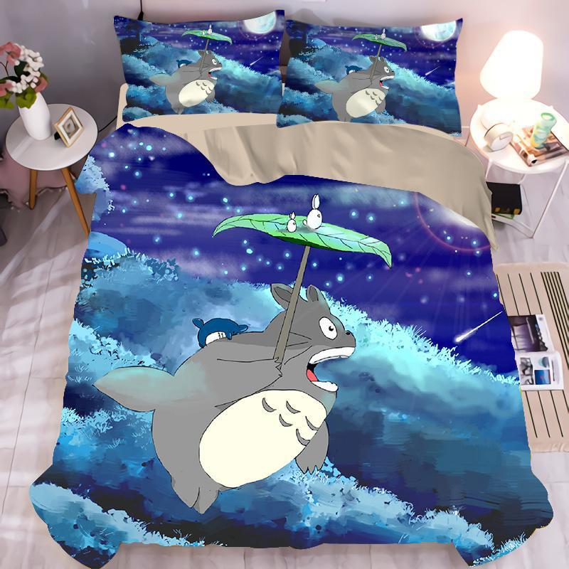 Squisito Set Biancheria da Letto con Stampa Cartone Animato Copripiumino Il Mio Vicino Totoro Set Biancheria da Letto Piumone Letto Giovani Decorazioni per la Casa Bambini Ragazzi Ragazze