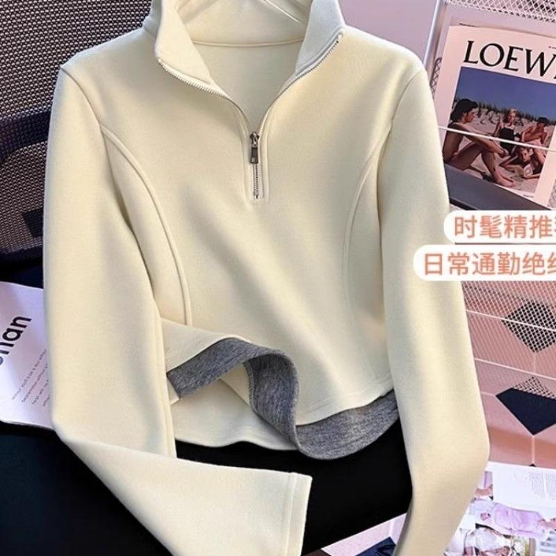 Autumn Winter Half High Collar Fake Two Pieces Casual Fashion Sweatshirt Women Patchwork Pullover Top