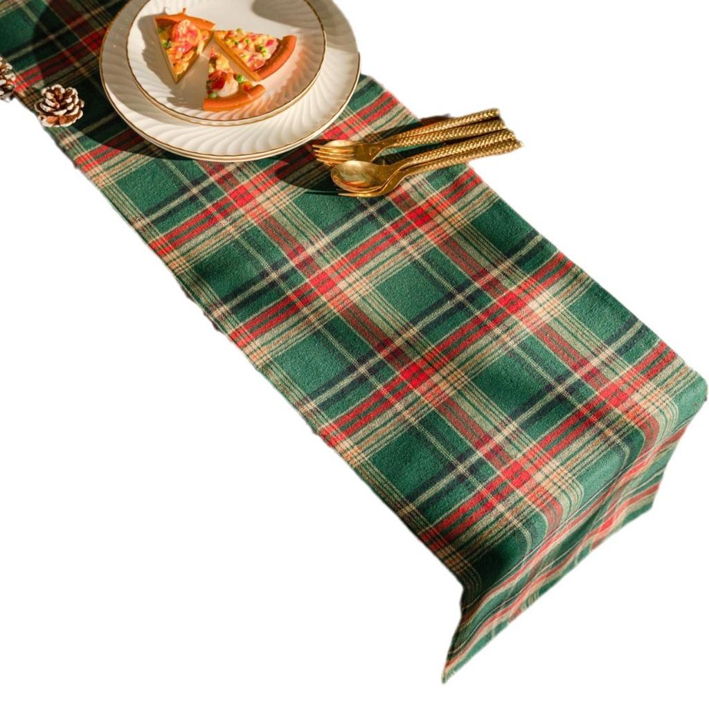 1pc Christmas Plaid Table Runner Cotton Linen Double Layer for Home Dinner Decor