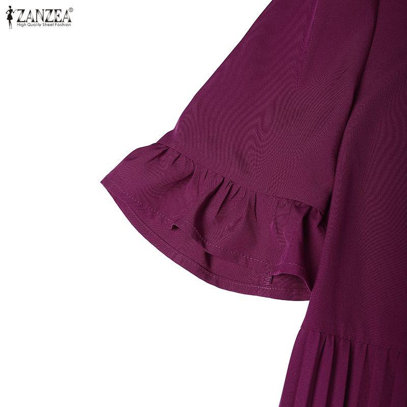 ZANZEA Vestido Casual de Mujer con Cuello Redondo, Color Sólido y Manga Corta