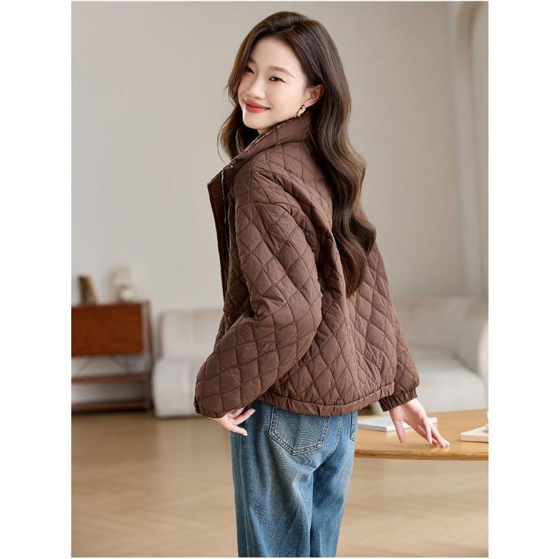 Fashionable Loose Fit Autumn Winter Stand Collar Diamond Grid Thin Cotton Coat, Middle-aged and Elderly Cotton Jacket