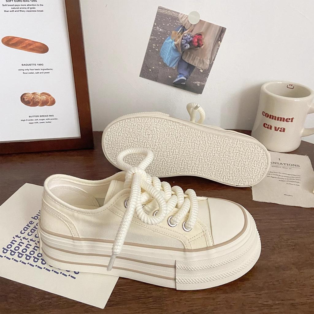 Cream platform canvas shoes women's thin summer new trendy niche big head muffin student white shoes