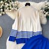 Toamnă Iarnă Femei Grătul cu mâneci lungi Pulover tricotat în dungi Topuri + Pantaloni largi Costume Set două piese Tinute femei