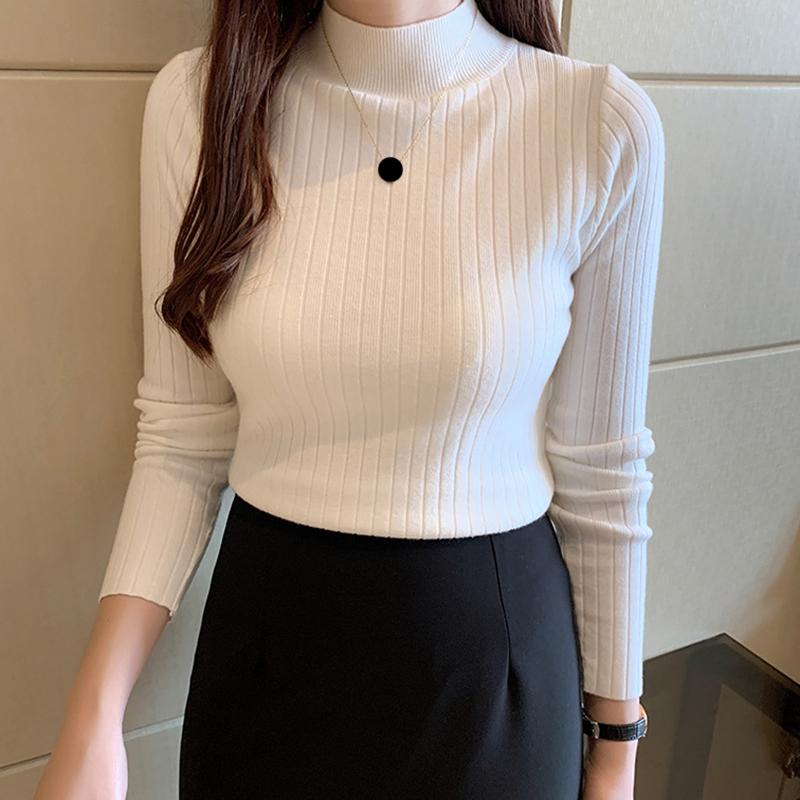 Autumn Winter Mock Neck Women Sweater Vintage Basic Solid Knitted Tops Casual Slim Pullover Korean Sweaters Simple Chic Jumpers